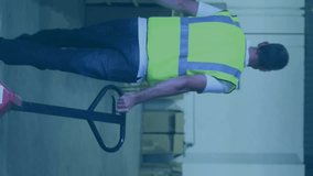 Animation of data processing on screens over caucasian man working in warehouse. Global shipping, networks, digital interface, computing and data processing concept digitally generated video. - Powered by Shutterstock - Get 15% off with code: PIKWIZARD15