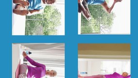Animation of four frames with senior diverse couple practicing yoga at home on blue background. Lifestyle and digital interface concept digitally generated video. - Powered by Shutterstock - Get 15% off with code: PIKWIZARD15