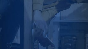 Animation of digital icons over african american man with digital tablet drinking coffee at a cafe. Global networking and business technology concept - Powered by Shutterstock - Get 15% off with code: PIKWIZARD15