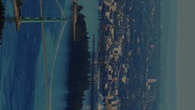 Animation of connected icons with circles over cityscape with boat moving in ocean. Digital composite, multiple exposure, communication, globalization, architecture, transportation and technology. - Powered by Shutterstock - Get 15% off with code: PIKWIZARD15