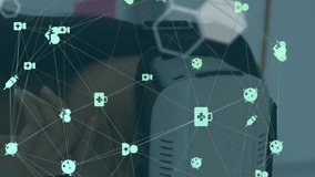 Animation of globe of medical icons, chemical structures over woman wearing vr headset at office. Medical research and futuristic technology concept - Powered by Shutterstock - Get 15% off with code: PIKWIZARD15