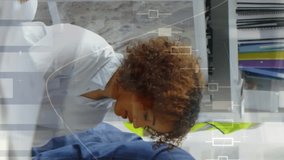 Animation of statistics processing over male and female architects discussing. business, development and productivity concept digitally generated video. - Powered by Shutterstock - Get 15% off with code: PIKWIZARD15