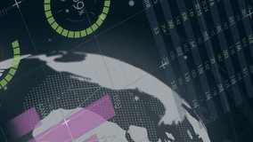 Animation of multicolored infographic interface and rotating globe over black background. Digitally generated, hologram, illustration, globalization, report, growth, progress and business concept. - Powered by Shutterstock - Get 15% off with code: PIKWIZARD15