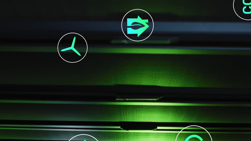 Animation of icons in circles floating over data server racks in server room. Digital composite, recycles, hazardous, currency, data center, networking, technology and network server concept. - Powered by Shutterstock - Get 15% off with code: PIKWIZARD15