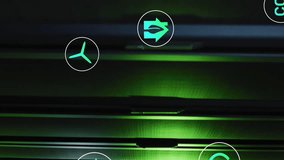 Animation of icons in circles floating over data server racks in server room. Digital composite, recycles, hazardous, currency, data center, networking, technology and network server concept. - Powered by Shutterstock - Get 15% off with code: PIKWIZARD15