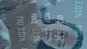 Animation of trading board over diverse female coworkers sharing ideas in office. Digital composite, multiple exposure, business, planning, discussion, stock market and technology concept. - Powered by Shutterstock - Get 15% off with code: PIKWIZARD15