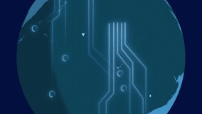 Animation of computer circuit board over globe with icons on blue background. Global technology, computing and digital interface concept digitally generated video. - Powered by Shutterstock - Get 15% off with code: PIKWIZARD15