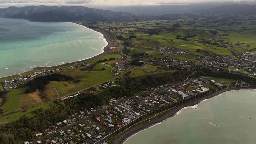 Kaikoura town, peninsula, coastal landscape, South Island, New Zealand. Aerial panning