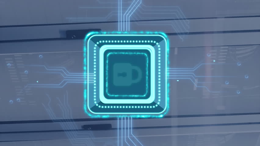 Animation of digital data processing, padlock icon, circuit board and computer servers. Global cyber security, connections, computing and data processing concept digitally generated video. - Powered by Shutterstock - Get 15% off with code: PIKWIZARD15