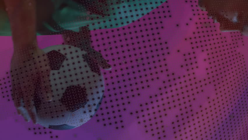 Animation of processing data and globe over caucasian male footballer playing with ball on purple. Network, sport, competition, digital interface and global communication, digitally generated video. - Powered by Shutterstock - Get 15% off with code: PIKWIZARD15