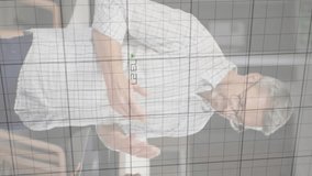 Animation of green graph processing over diverse male and female colleague talking at casual office. Business, data, teamwork, network, digital interface and communication, digitally generated video. - Powered by Shutterstock - Get 15% off with code: PIKWIZARD15