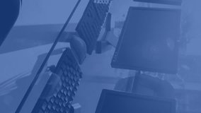 Animation of financial data processing over computers on desks in office and blue background. Global connections, computing and data processing concept digitally generated video. - Powered by Shutterstock - Get 15% off with code: PIKWIZARD15