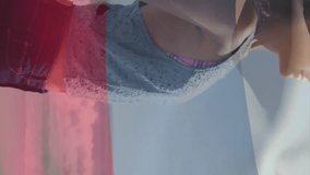 Woman enjoying beach with arms outstretched over waving russian flag animation. freedom, travel, vacation, celebration, happiness, patriotism - Powered by Shutterstock - Get 15% off with code: PIKWIZARD15