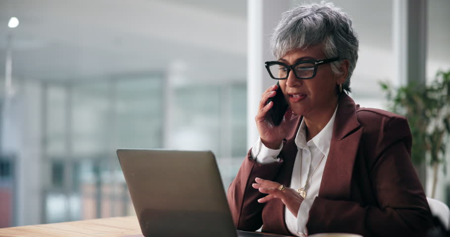 Phone call, business or woman in office, laptop or financial agency with investment deal. Mature person, accounting or employee with cellphone, price negotiation or PC with discussion or stock market