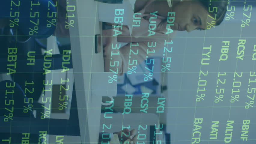 Two people eating at table with stock market data overlay animation. Finance, investment, trading, data analysis, economy, partnership - Powered by Shutterstock - Get 15% off with code: PIKWIZARD15