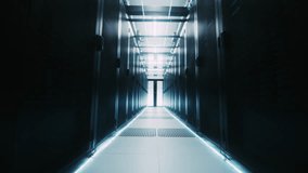 Camera Moves Through Data Center Aisle Lined With Black Server Racks, Showing Modern Infrastructure, Secure Cloud Computing, Artificial Intelligence, and Business Data Operations. - Powered by Shutterstock - Get 15% off with code: PIKWIZARD15