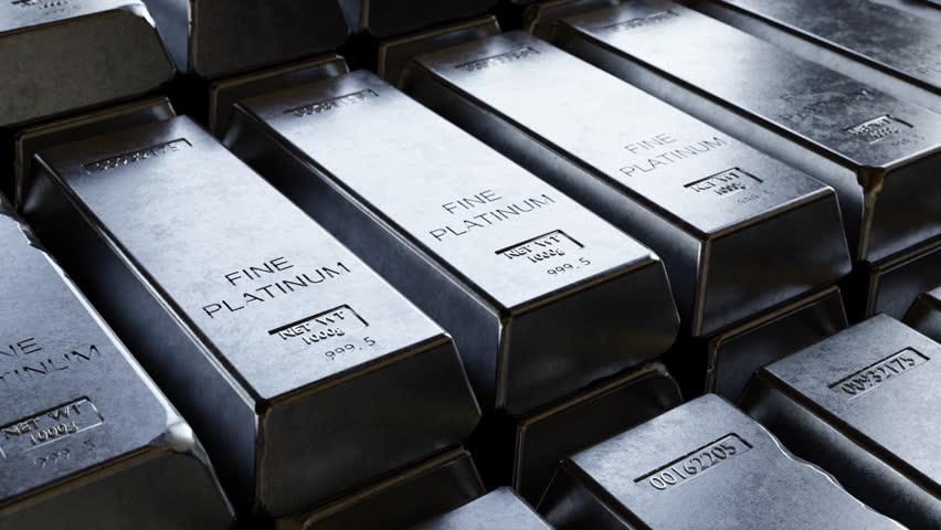 Detailed view of fine platinum bars stacked in rows. Ideal for finance, banking, investment, and wealth-related content. Perfect for economic or industrial visuals. Looped video
