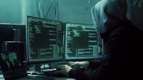 Hacker Uses Computer to Cyberattack, Typing Code To Access Data. Spreads Malware, Phishing, Data Theft, Threat To Cybersecurity. Screens Display Network Vulnerabilities, Algorithms, Digital Espionage - Powered by Shutterstock - Get 15% off with code: PIKWIZARD15