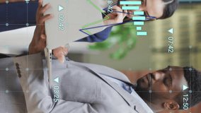 Animation of multiple graphs with changing numbers, diverse coworkers discussing reports on laptop. Digital composite, teamwork, report, business, growth, planning and technology concept. - Powered by Shutterstock - Get 15% off with code: PIKWIZARD15