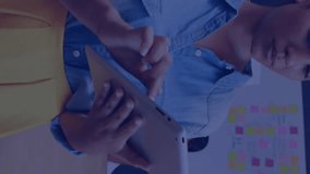 Animation of media icons over businesswoman using tablet at casual office. Digital interface, network, connection, business and communication, digitally generated video. - Powered by Shutterstock - Get 15% off with code: PIKWIZARD15