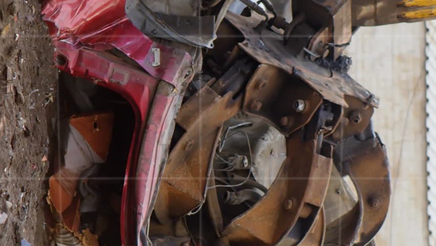 Animation of statistical data processing over crane operating at junkyard. Global economy and recycling technology concept