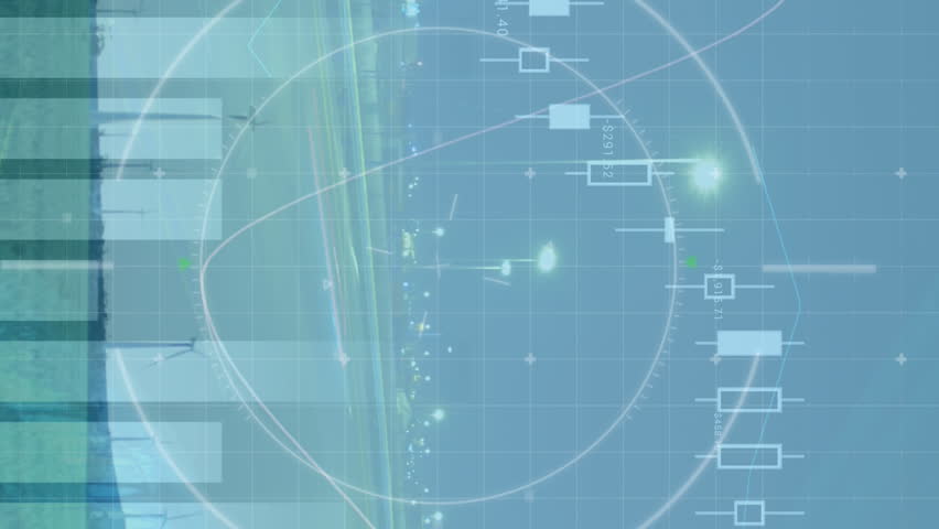 Animation of graphs with hud processing against wind turbines with cityscape. Digital composite, multiple exposure, technology, power generation, sustainable energy, development, finance, economy. - Powered by Shutterstock - Get 15% off with code: PIKWIZARD15