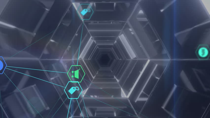 Animation of network of connections with icons over neon tunnel. Global connections, networks and data processing concept digitally generated video. - Powered by Shutterstock - Get 15% off with code: PIKWIZARD15