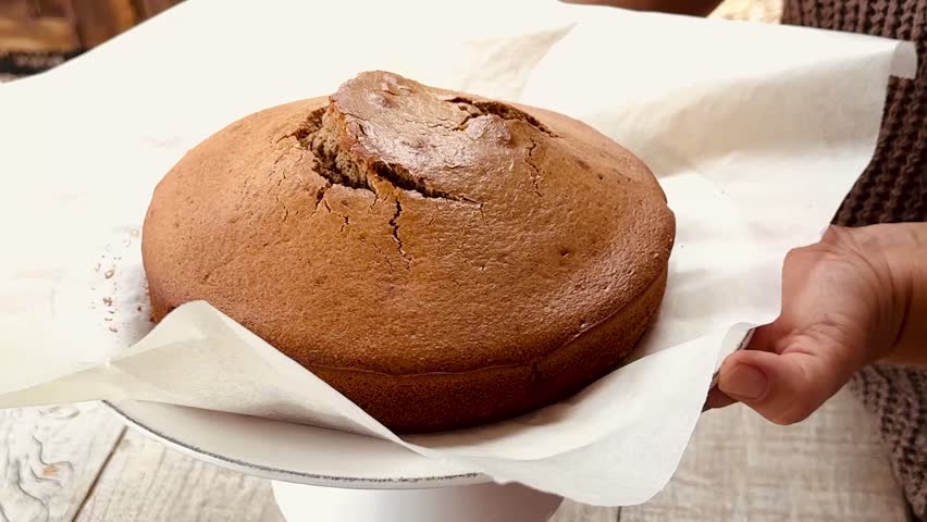 Woman holding freshly baked sponge cake in kitchen.