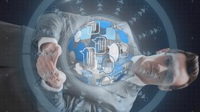 Animation of data processing on screens, globe spinning and scope scanning over businessman. data processing and digital interface concept digitally generated video. - Powered by Shutterstock - Get 15% off with code: PIKWIZARD15