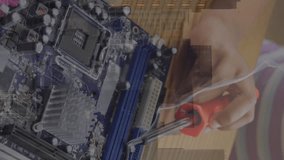 Animation of trading board, graphs, african american girl welding wire on circuit board. Digital composite, multiple exposure, childhood, stock market, finance, report, learning and technology. - Powered by Shutterstock - Get 15% off with code: PIKWIZARD15