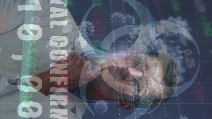 Animation of biohazard icon, virus cells, digital interface over male doctor. global medicine, healthcare and technology during covid 19 pandemic concept digitally generated video. - Powered by Shutterstock - Get 15% off with code: PIKWIZARD15