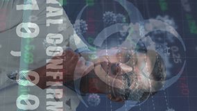 Animation of biohazard icon, virus cells, digital interface over male doctor. global medicine, healthcare and technology during covid 19 pandemic concept digitally generated video. - Powered by Shutterstock - Get 15% off with code: PIKWIZARD15