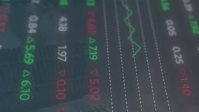 Animation of stock market data processing and glowing squares over tall buildings and dark clouds. Global economy and business data technology concept - Powered by Shutterstock - Get 15% off with code: PIKWIZARD15