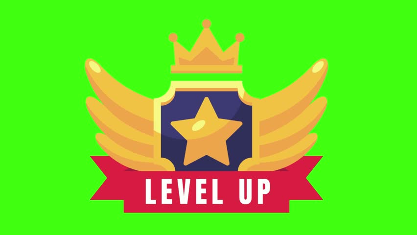  Level Up Badge with Wings, Star, and Crown on Green Background – Vector Illustration