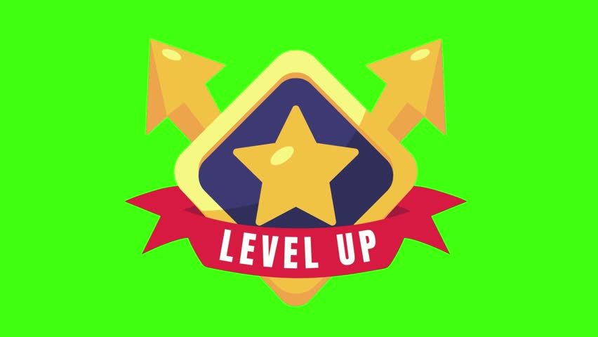 Level Up Badge with Arrows and Star Icon on Green Screen Background – Vector Illustration