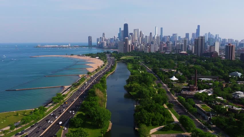 Establishing Drone Shot Above Lake Michigan North Avenue Beach Chicago. Summer