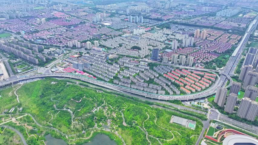 Shanghai, China - 21st June 2025 - Overlooking Shanghai World Expo Cultural Park and cityscape in Pudong New Area
