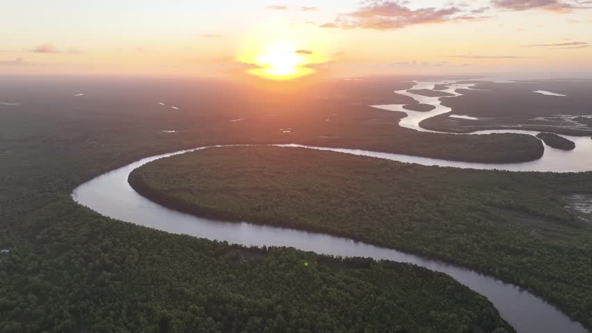 Sunset Parnaiba Delta In Araioses Maranhao Brazil. Amazon River Showing Lush Green Foliage And Riverboats. Forest Environment Amazon Sundown. Forest Outdoor Amazon . Araioses Maranhao.