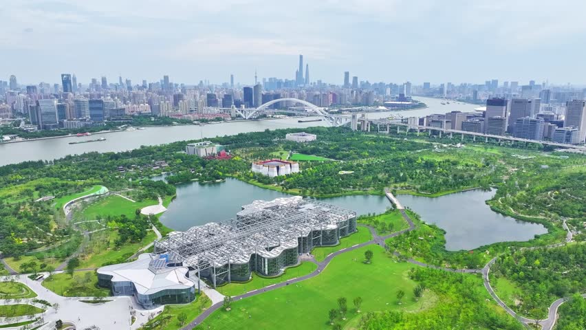 Shanghai, China - 21st June 2025 - Aerial view of Shanghai Houtan Park and Shanghai Expo Culture Park