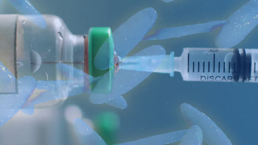 Syringe drawing liquid from vial over DNA strand animation. Medical, laboratory, healthcare, genetic, biotechnology, injection - Powered by Shutterstock - Get 15% off with code: PIKWIZARD15