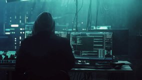 Hacker in Hoodie Breaching Company Servers, Encrypted Data Streams. Cyberattack Involving System Breakin, Identity Data Theft, Vulnerabilities of Digital Infrastructure, Phishing, Spyware, Malware - Powered by Shutterstock - Get 15% off with code: PIKWIZARD15