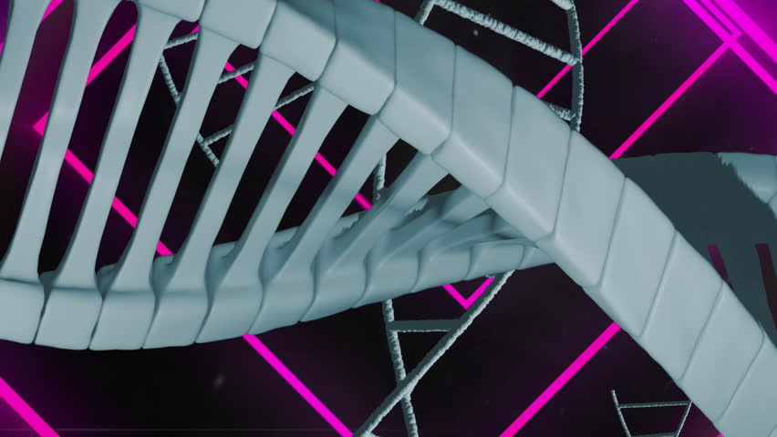 DNA strands and geometric shapes animation over neon pink background. Genetics, science, abstract, futuristic, technology, biology - Powered by Shutterstock - Get 15% off with code: PIKWIZARD15