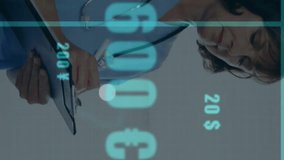 Doctor writing on clipboard, financial data and graphs animation over. Healthcare, medical, documentation, analysis, finance, statistics - Powered by Shutterstock - Get 15% off with code: PIKWIZARD15