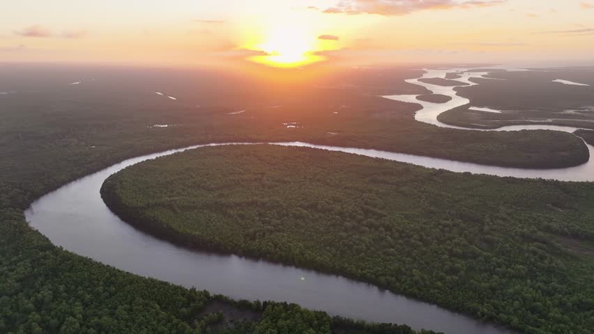 Parnaiba Delta In Araioses Maranhao Brazil. Capturing The Effects Of Flooding In The Amazon Rainforest. Sunset Skyline River Forest Trees Shore. Skyline Travel. Araioses Maranhao.