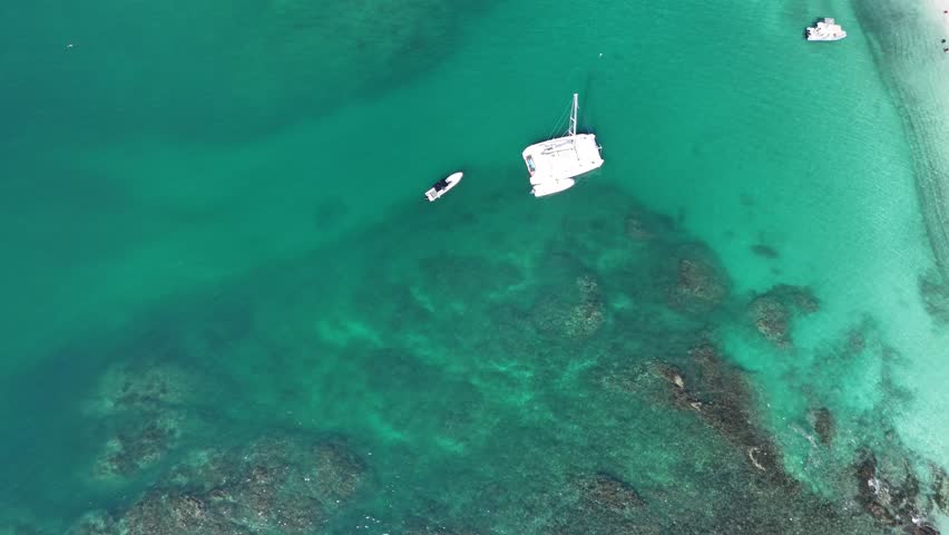 Air view of a white  catamaran on a cristal color beach in costa rica