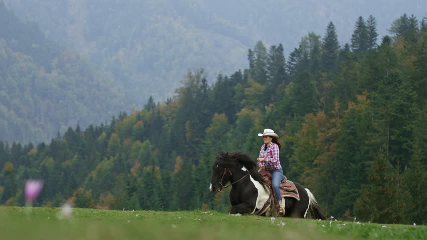 Stunning scene of a skilled cowgirl riding a pinto horse through the misty beauty of the mountain landscape, slow motion side view.