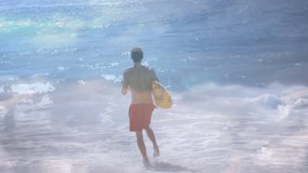 Adult male surfer jogging into surf while generating node network visualizing ocean data with waves. Ocean, technology, connectivity, digital, sport, coastal, innovation - Powered by Shutterstock - Get 15% off with code: PIKWIZARD15