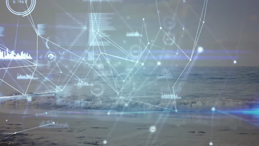 Woman entering beach raising balloons and running, showcasing tech data visuals drifting around. Digital, connectivity, innovation, motion, vibrant, energetic, modern - Powered by Shutterstock - Get 15% off with code: PIKWIZARD15