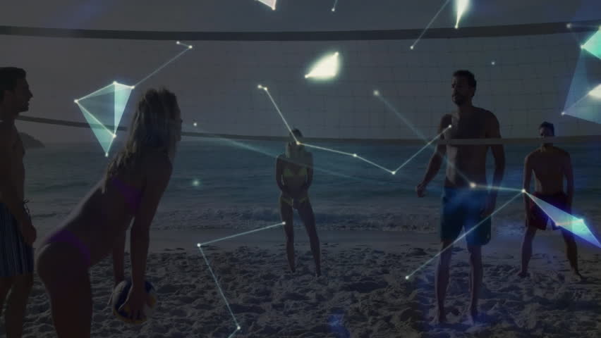 Team receiving serve on beach initiating rally with digital technology overlay and spinning globe. Futuristic, sport, outdoor, vibrant, teamwork, innovation, summer - Powered by Shutterstock - Get 15% off with code: PIKWIZARD15