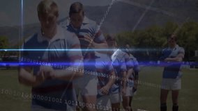 Rugby players raising knees, starting footwork drill on grass while binary overlay intensifying. Athletics, teamwork, digital, futuristic, motion, sportswear, outdoor - Powered by Shutterstock - Get 15% off with code: PIKWIZARD15